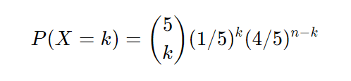 The binomial distribution with n equals five and p equals one fifth